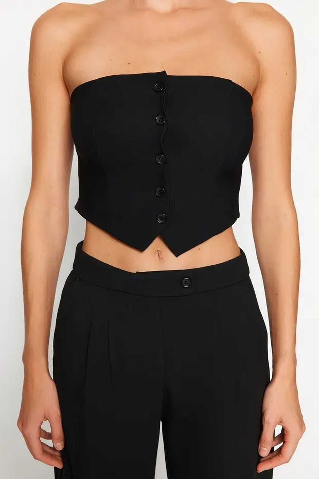 Strapless Button Detail Crop Woven Blouse
