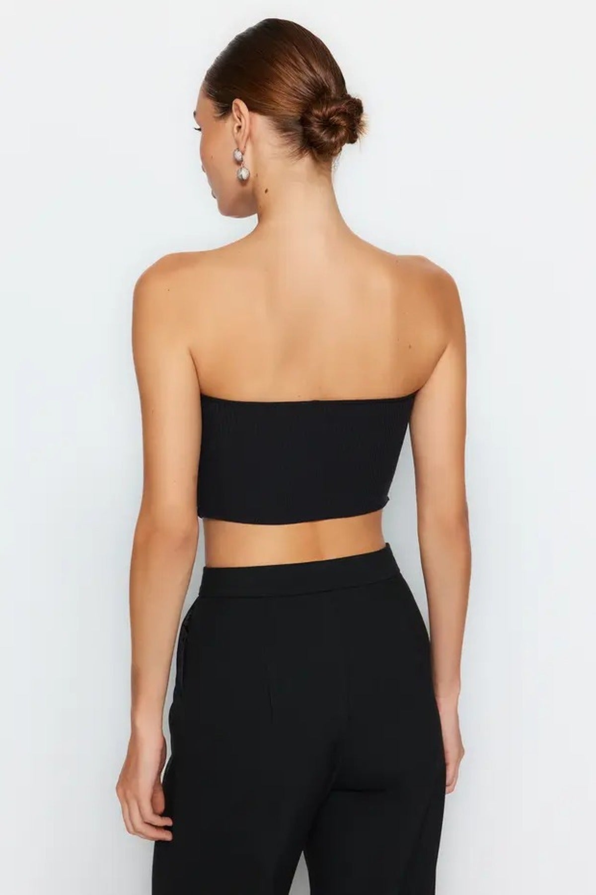 Strapless Button Detail Crop Woven Blouse
