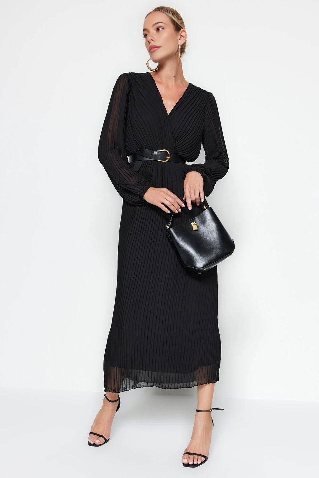 Belted A-Line Pleated Maxi Dress