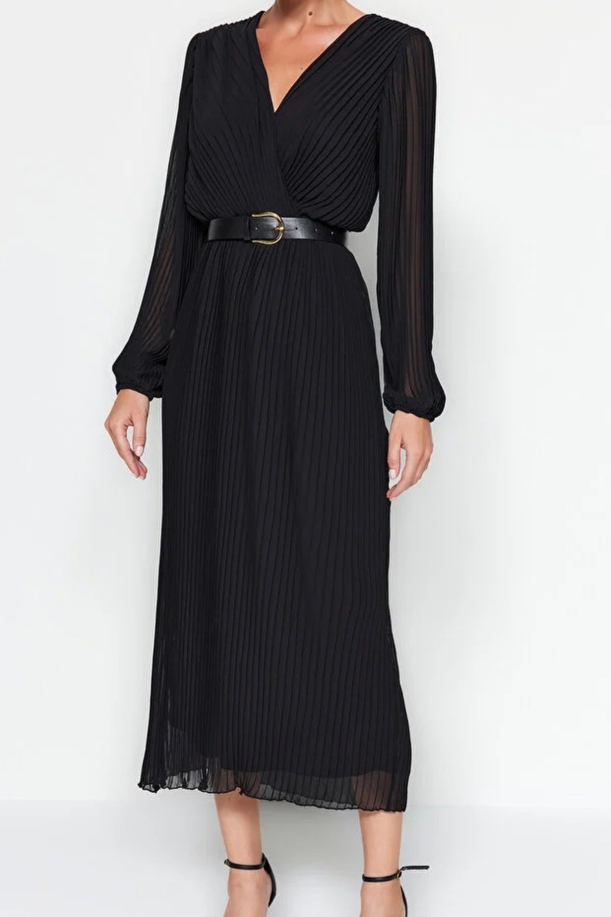 Belted A-Line Pleated Maxi Dress
