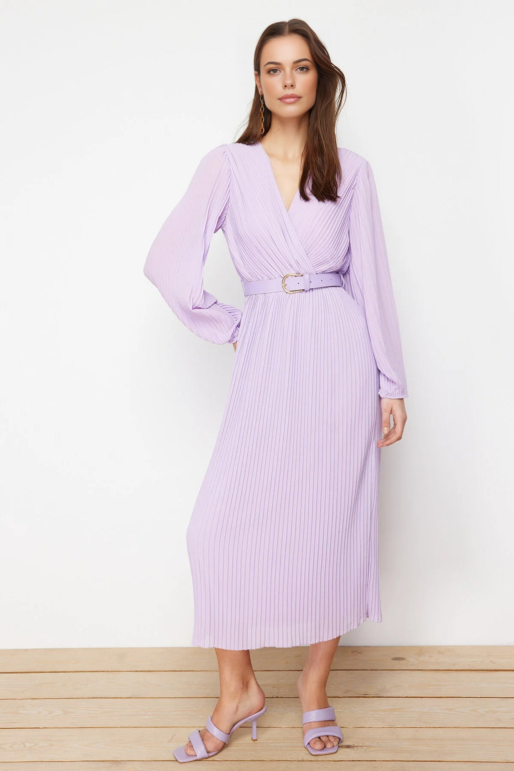 Belted A-Line Pleated Maxi Dress