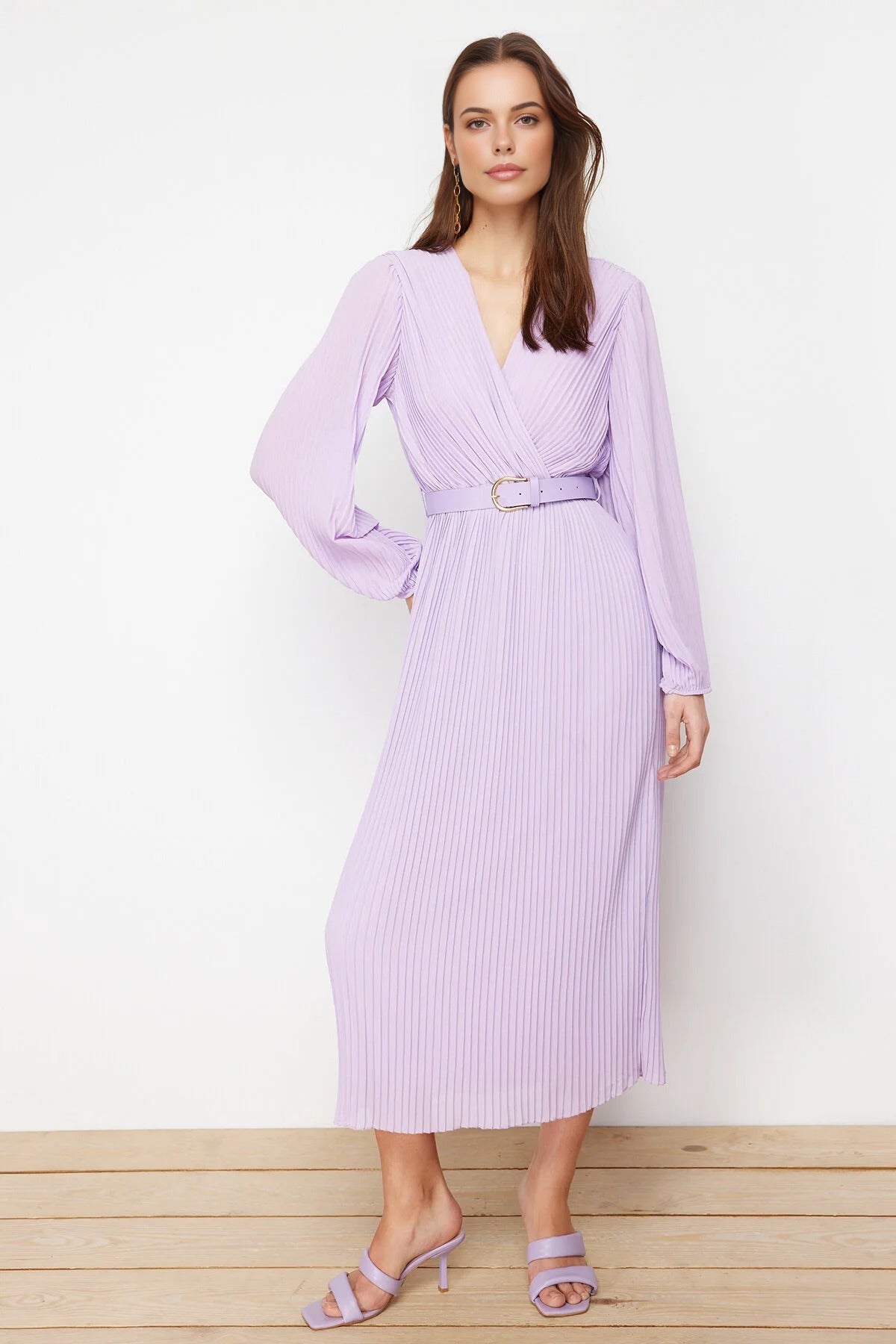 Belted A-Line Pleated Maxi Dress