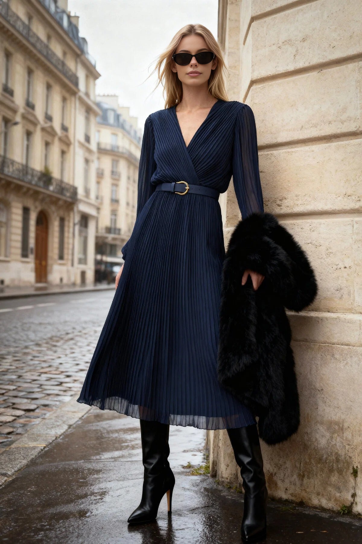 Belted A-Line Pleated Maxi Dress