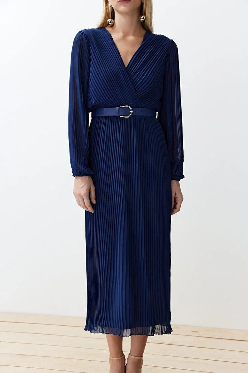 Belted A-Line Pleated Maxi Dress