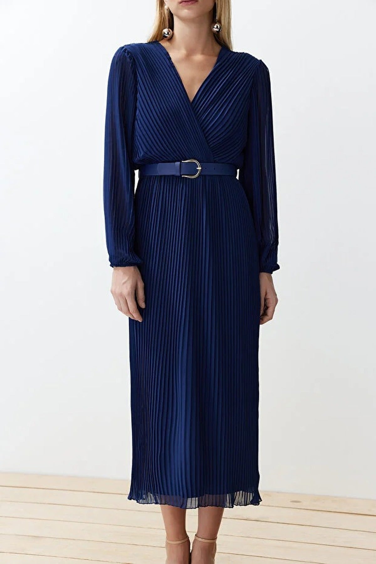 Belted A-Line Pleated Maxi Dress