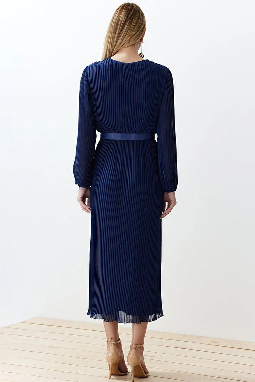 Belted A-Line Pleated Maxi Dress