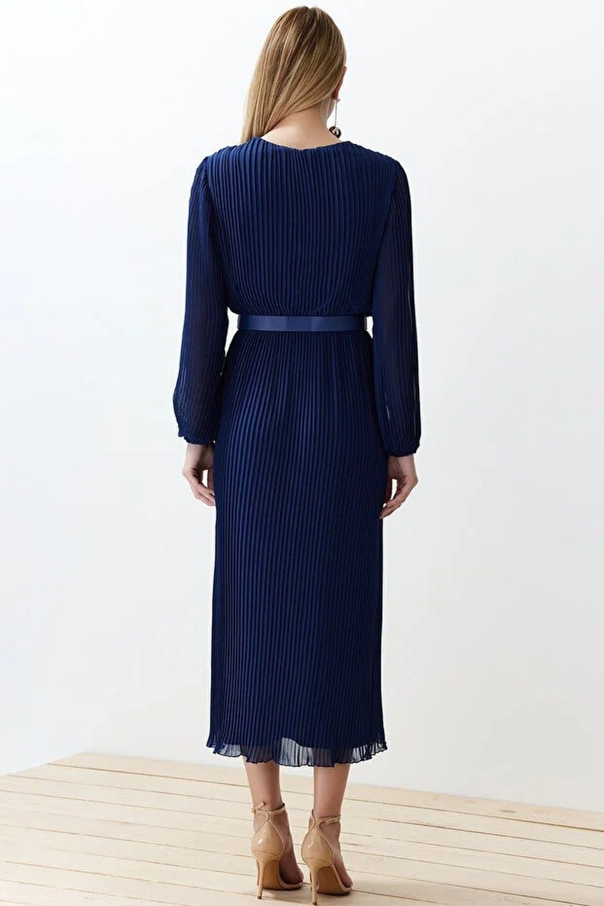 Belted A-Line Pleated Maxi Dress