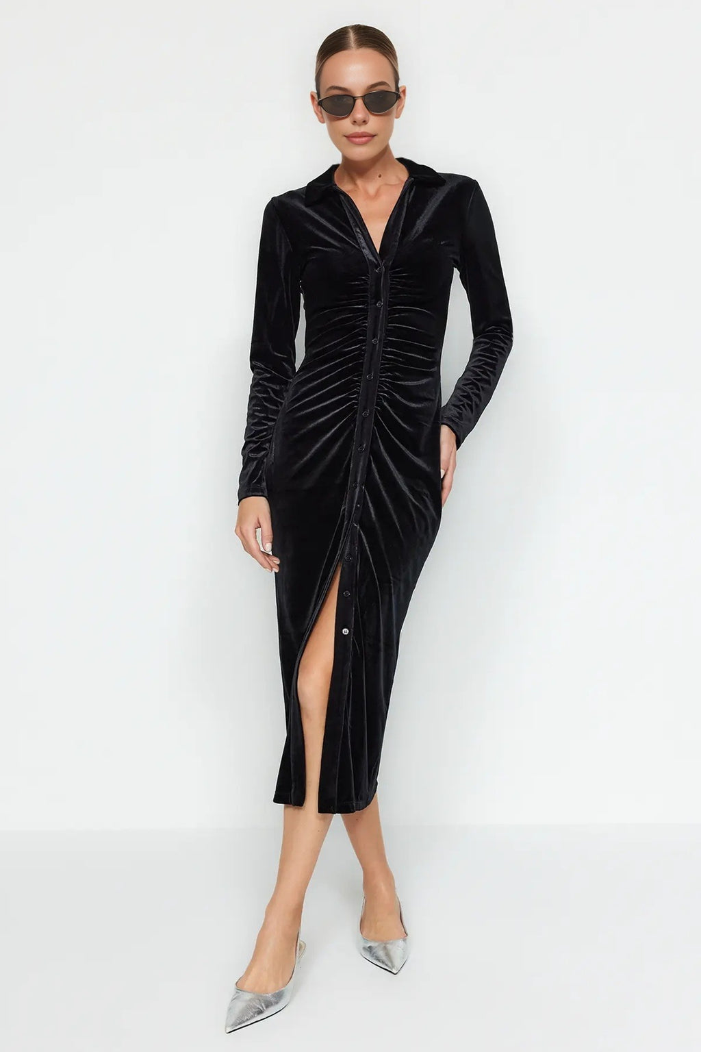 Velvet Fitted Polo Neck Long Sleeve Midi Bodycon Dress
