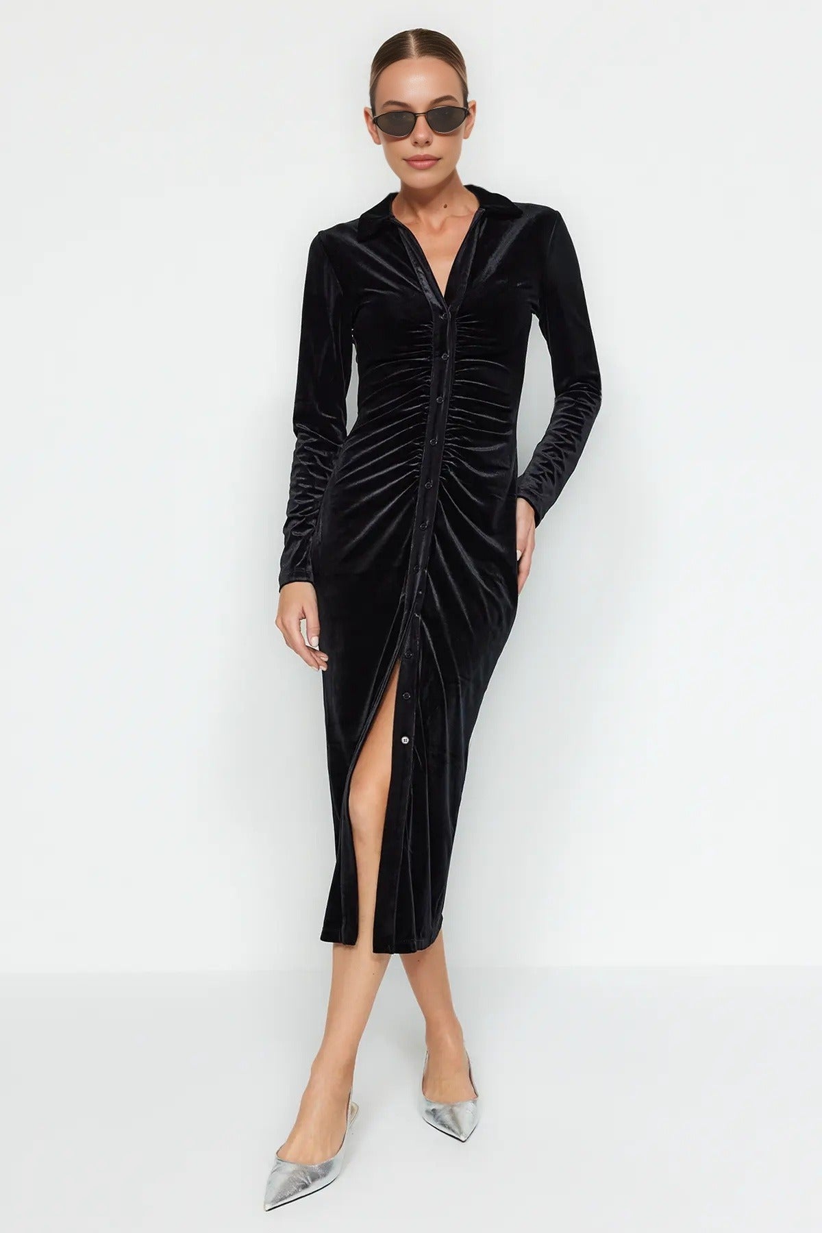 Velvet Fitted Polo Neck Long Sleeve Midi Bodycon Dress