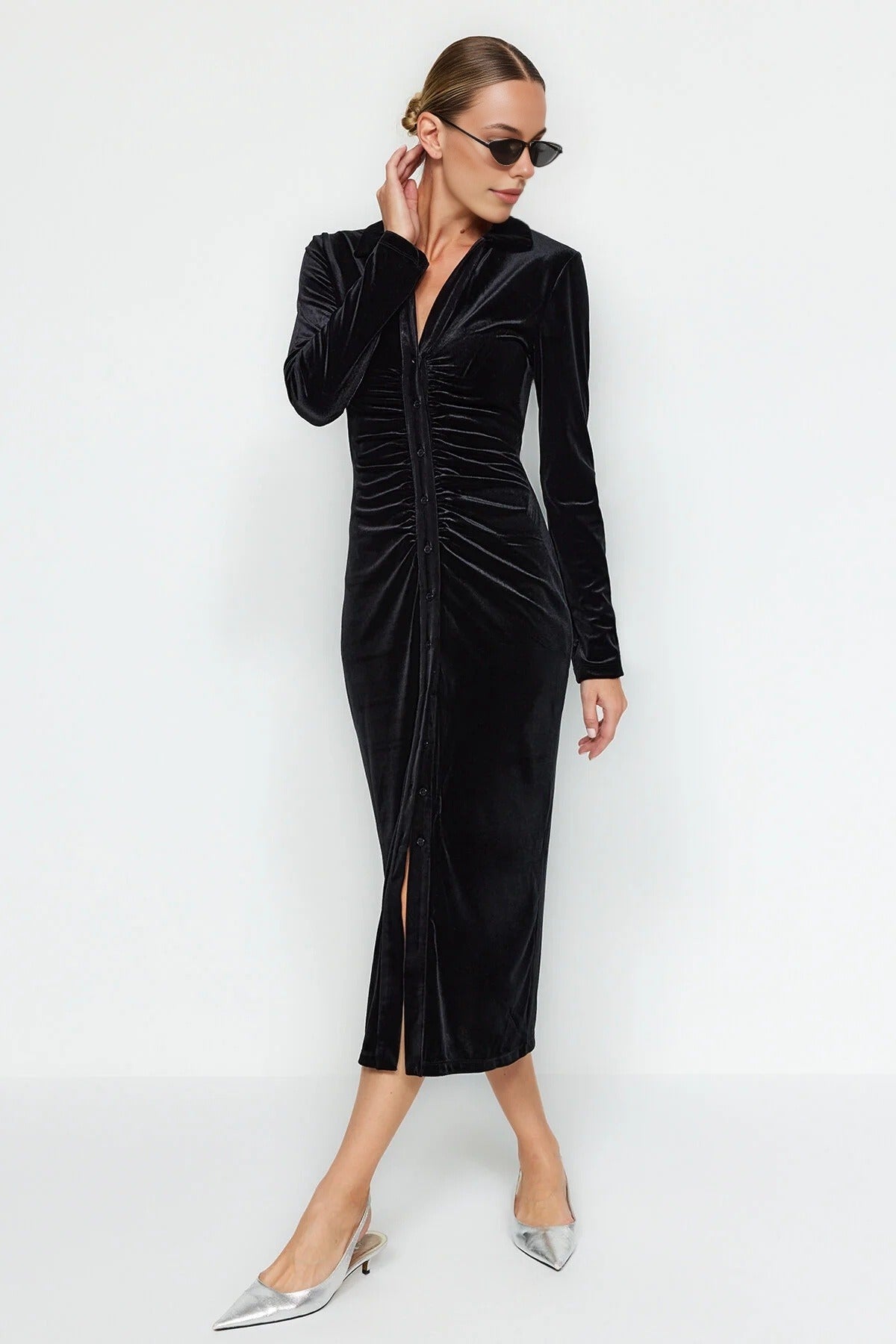 Velvet Fitted Polo Neck Long Sleeve Midi Bodycon Dress