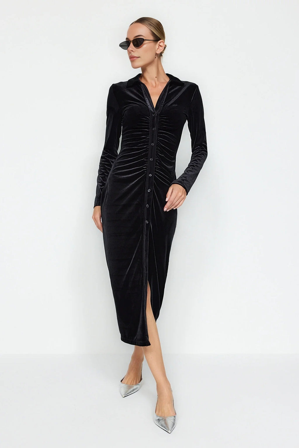 Velvet Fitted Polo Neck Long Sleeve Midi Bodycon Dress