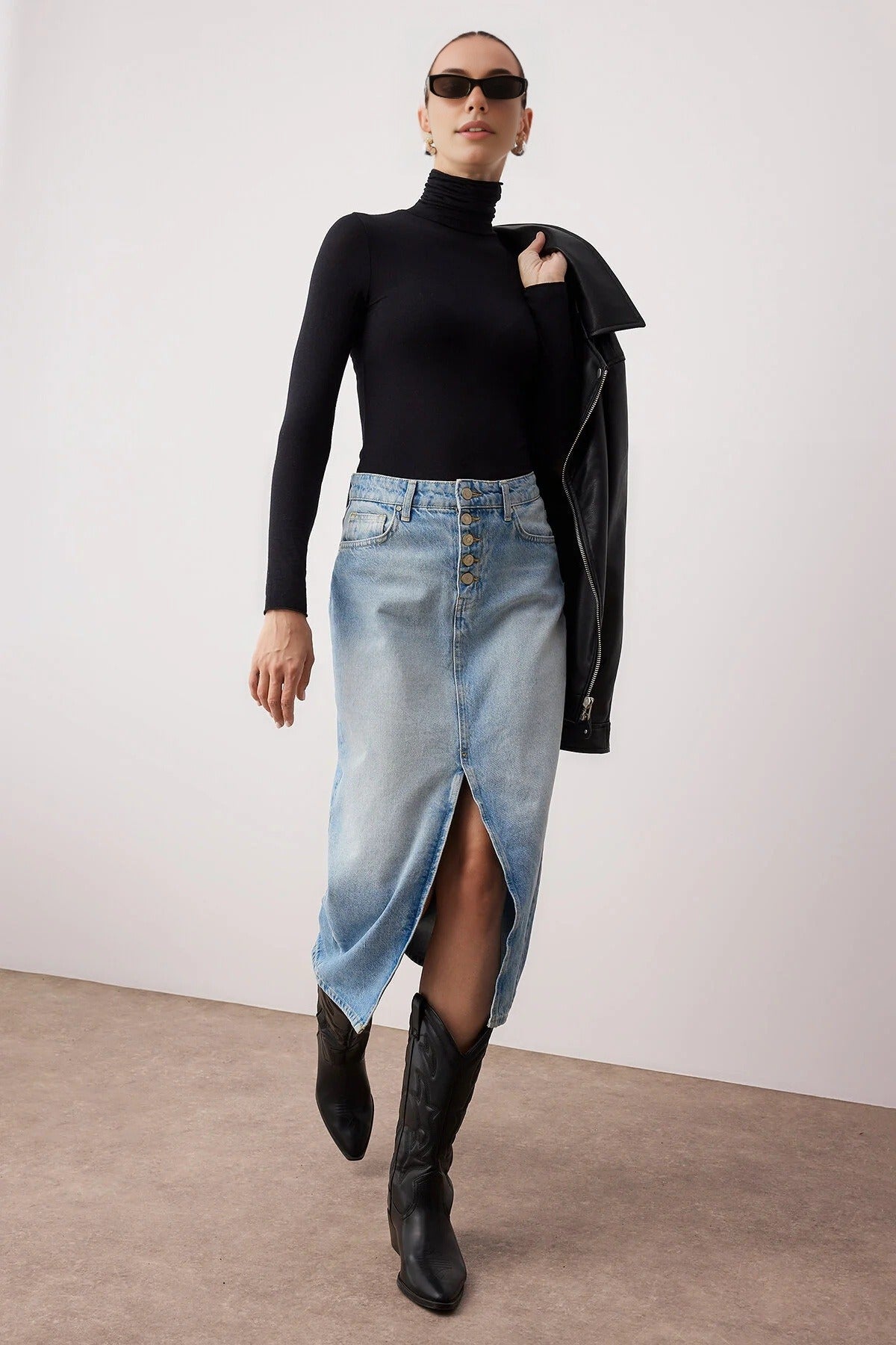 Button Front Split Midi Denim Skirt
