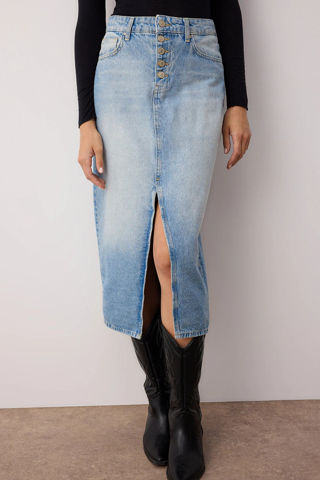 Button Front Split Midi Denim Skirt