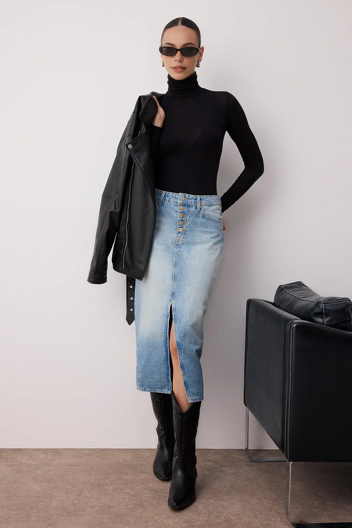 Button Front Split Midi Denim Skirt