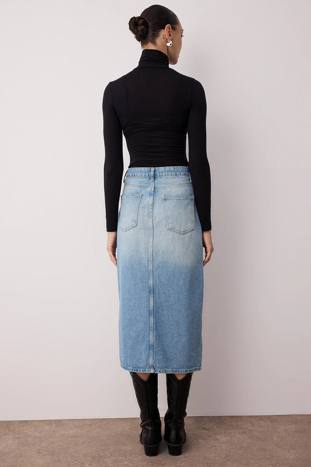 Button Front Split Midi Denim Skirt