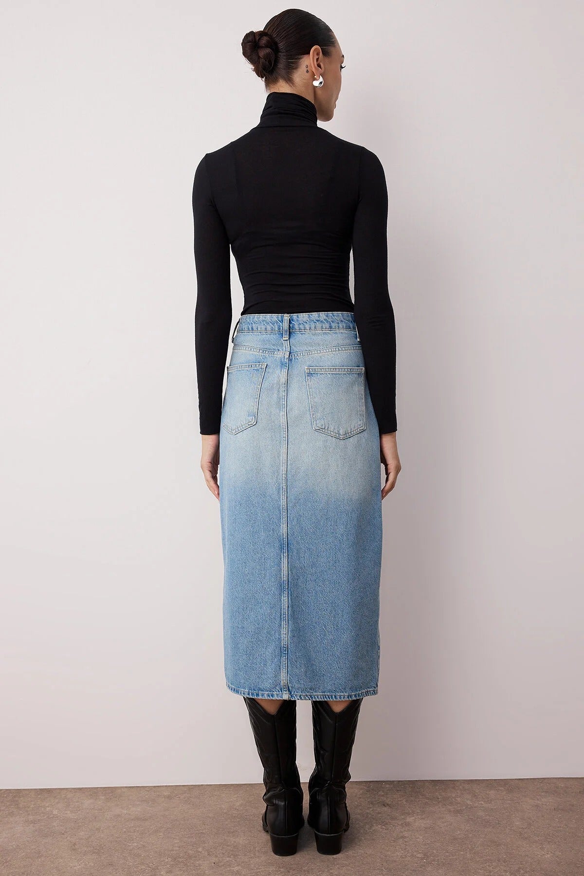 Button Front Split Midi Denim Skirt