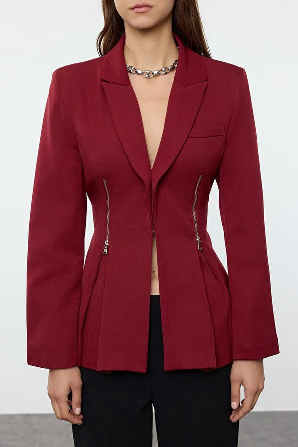 Zipper Detail Woven Blazer Jacket
