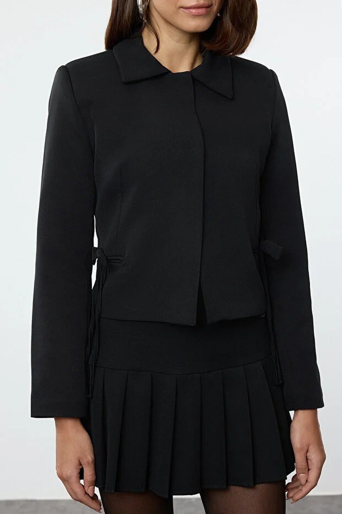 Ribbon Detail Shirt Collar Crop Woven  Blazer Jacket