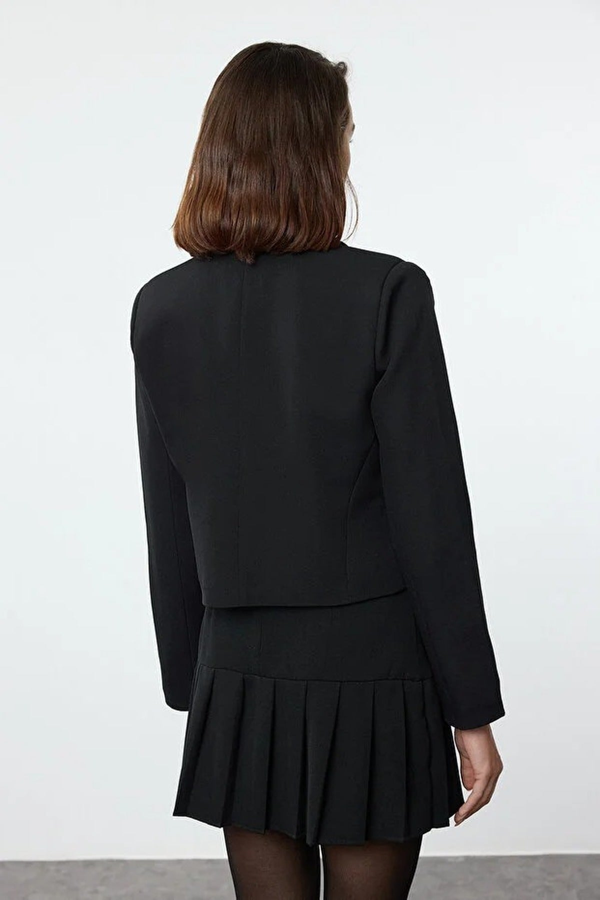 Ribbon Detail Shirt Collar Crop Woven  Blazer Jacket
