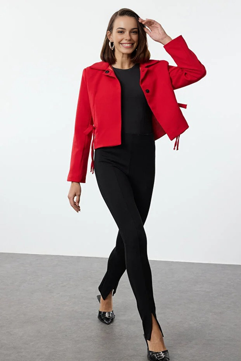 Ribbon Detail Shirt Collar Crop Woven  Blazer Jacket