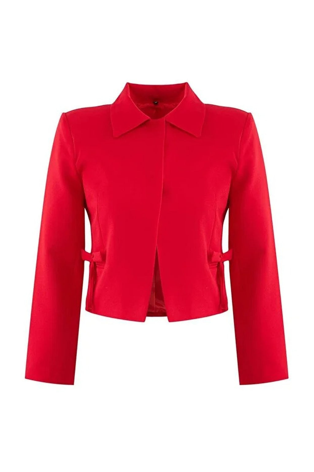 Ribbon Detail Shirt Collar Crop Woven  Blazer Jacket