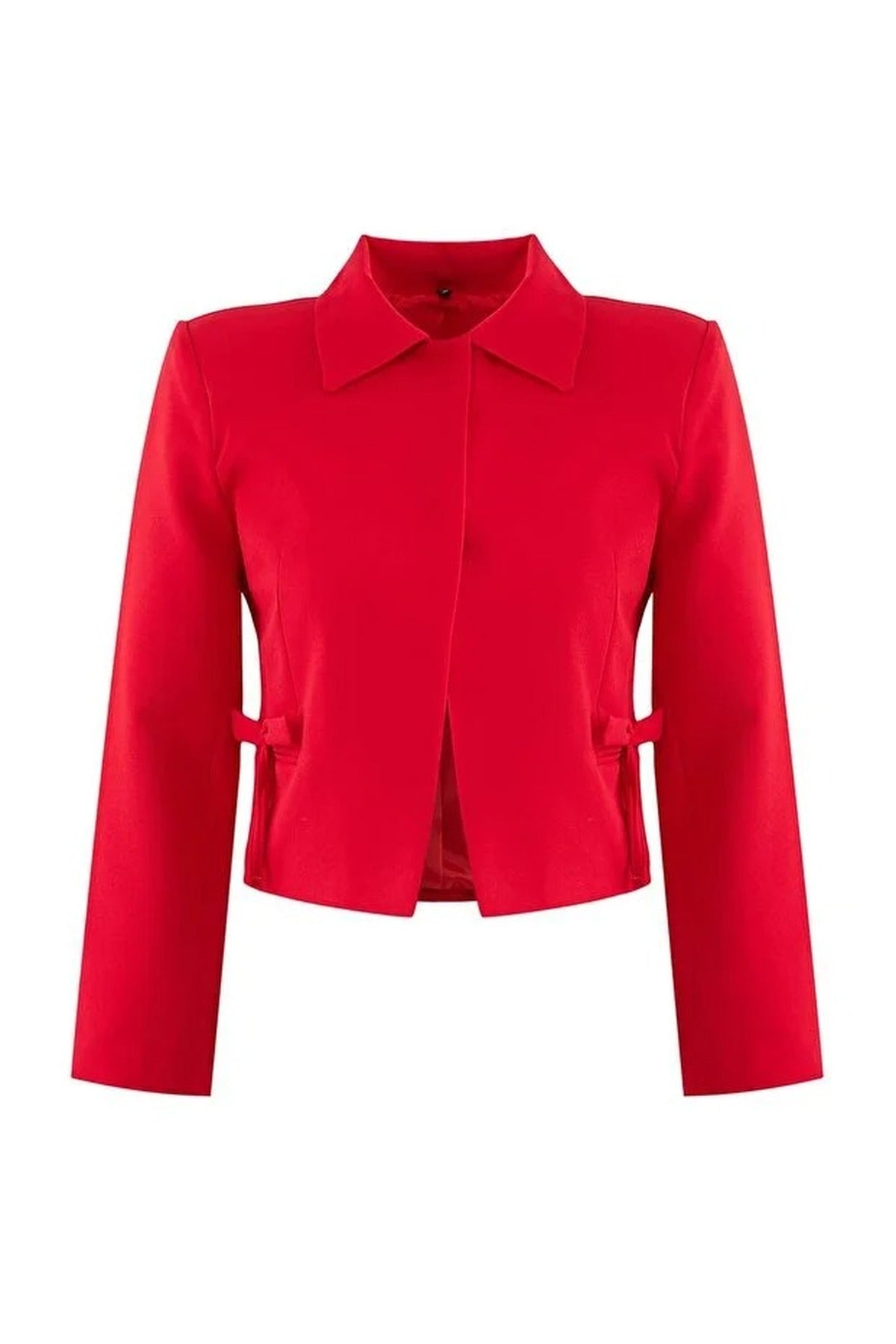 Ribbon Detail Shirt Collar Crop Woven  Blazer Jacket