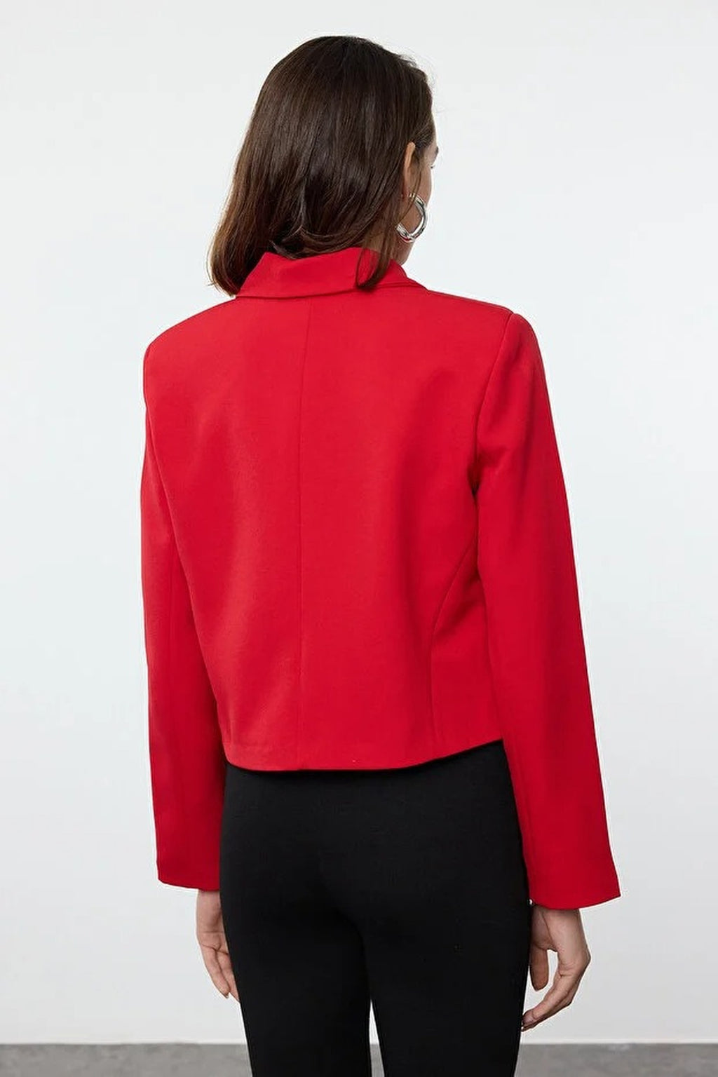 Ribbon Detail Shirt Collar Crop Woven  Blazer Jacket
