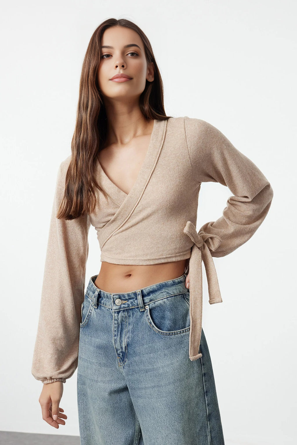 Soft Tie Detail Long Sleeve Knitted Blouse