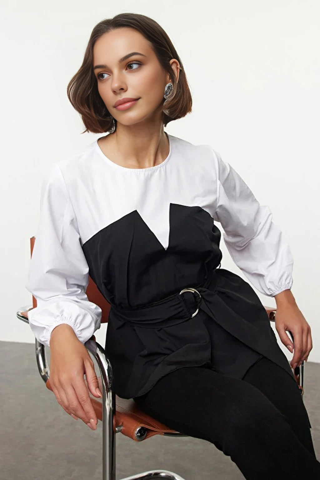 Balloon Sleeve Belted Woven Blouse