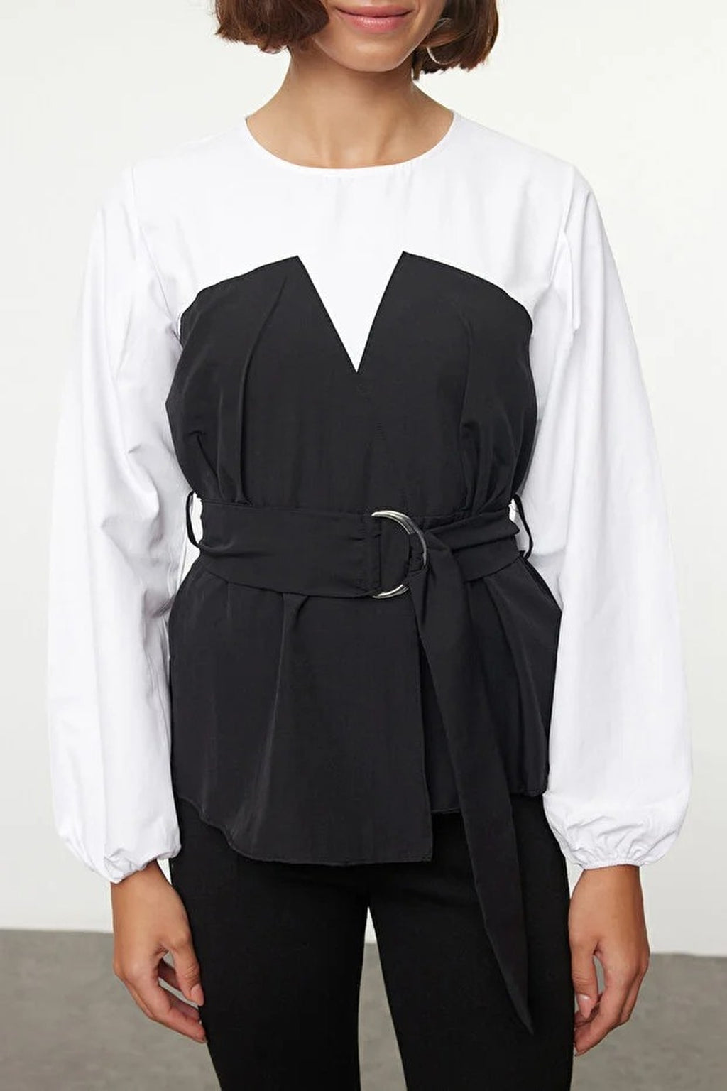 Balloon Sleeve Belted Woven Blouse