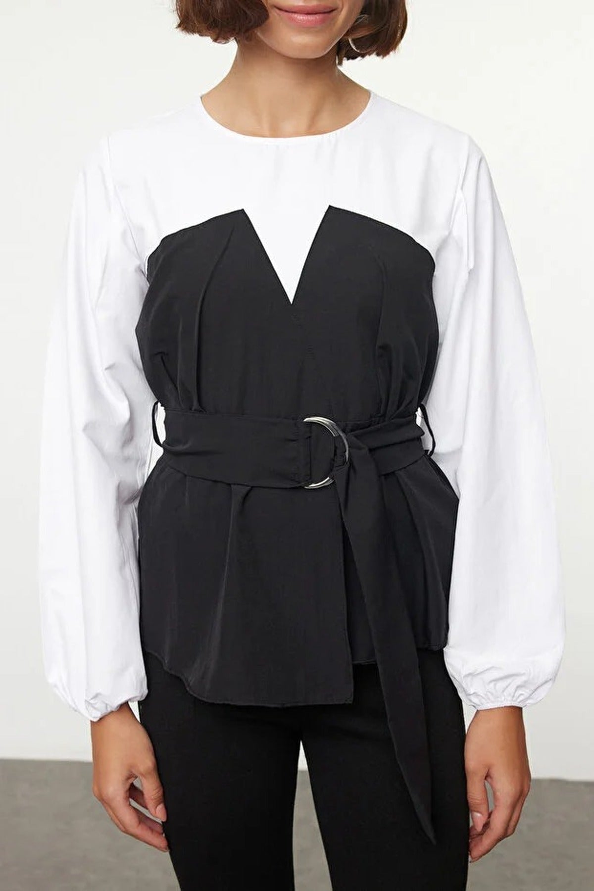 Balloon Sleeve Belted Woven Blouse