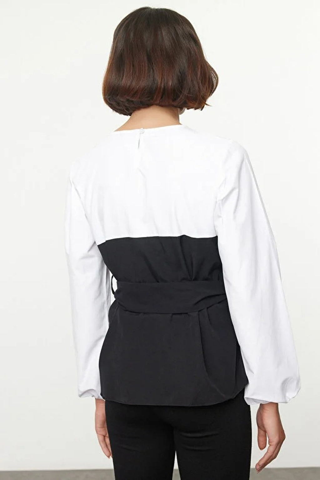 Balloon Sleeve Belted Woven Blouse