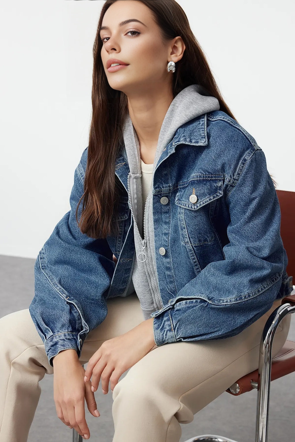 Oversize Denim Jacket with Sleeve Stitching Detail