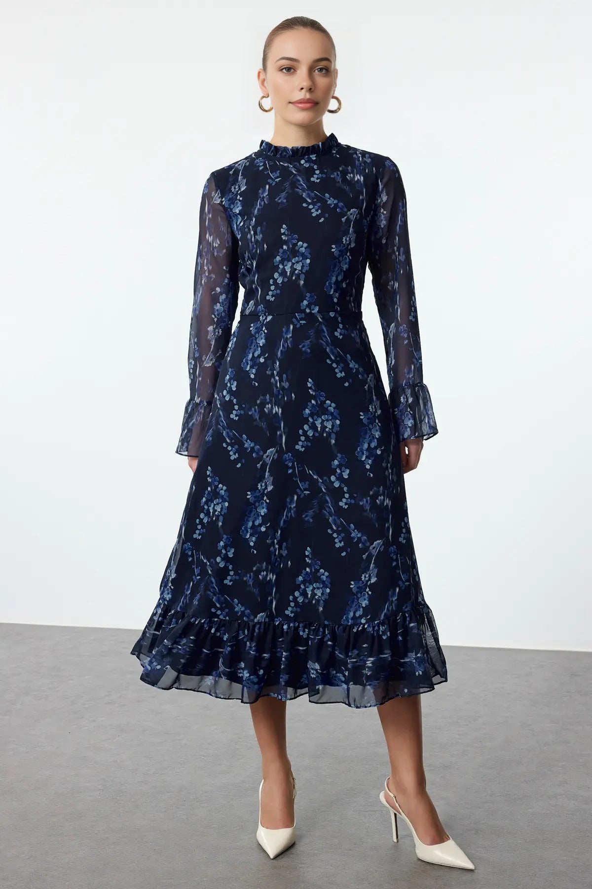 A-Line High Neck Midi Lined Chiffon Woven Dress