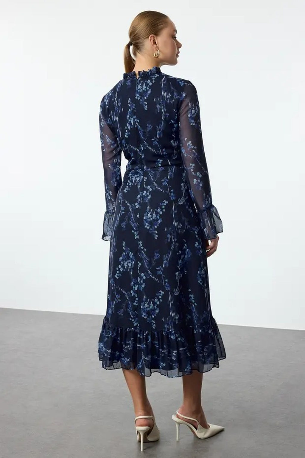A-Line High Neck Midi Lined Chiffon Woven Dress