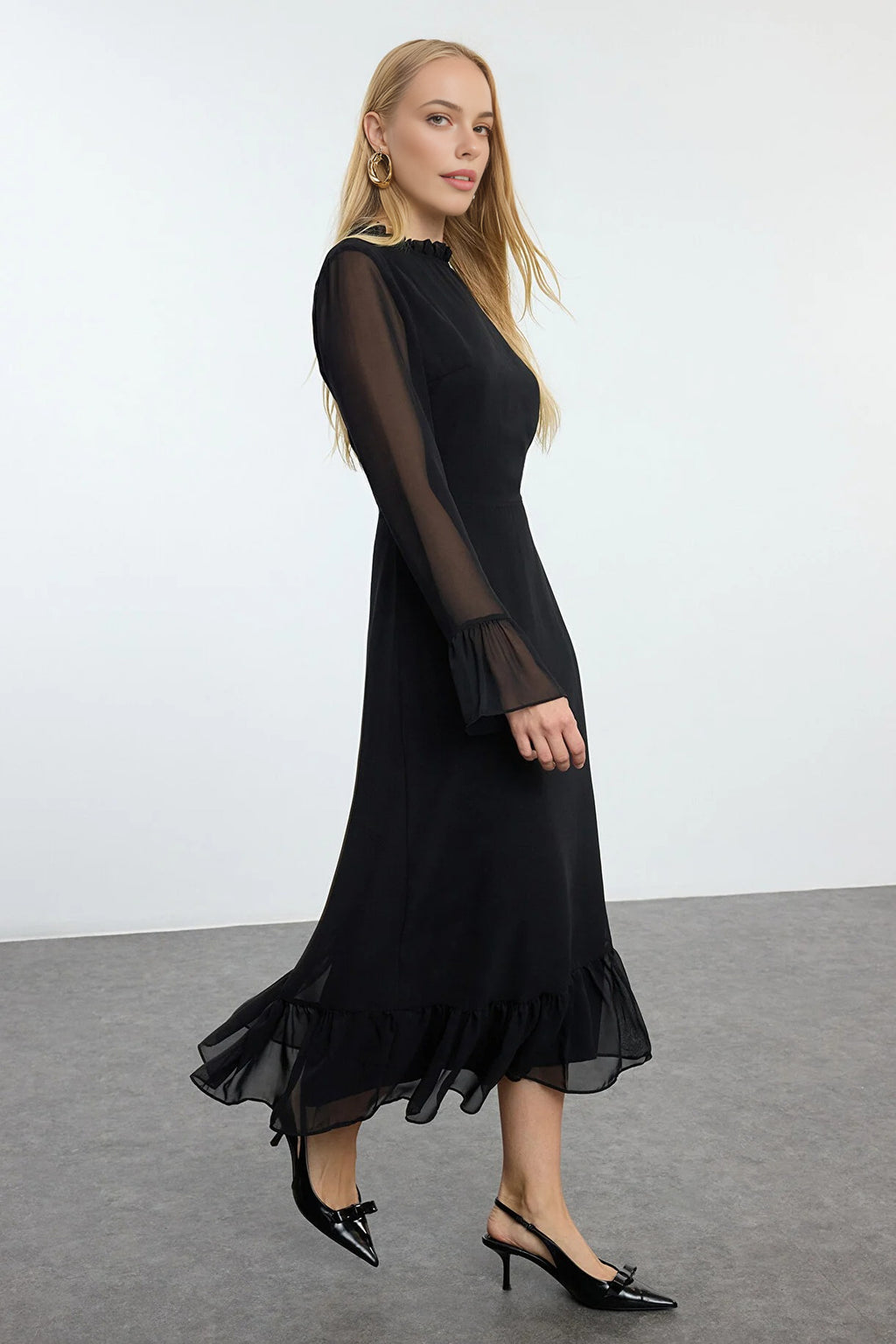 A-Line High Neck Midi Lined Chiffon Woven Dress