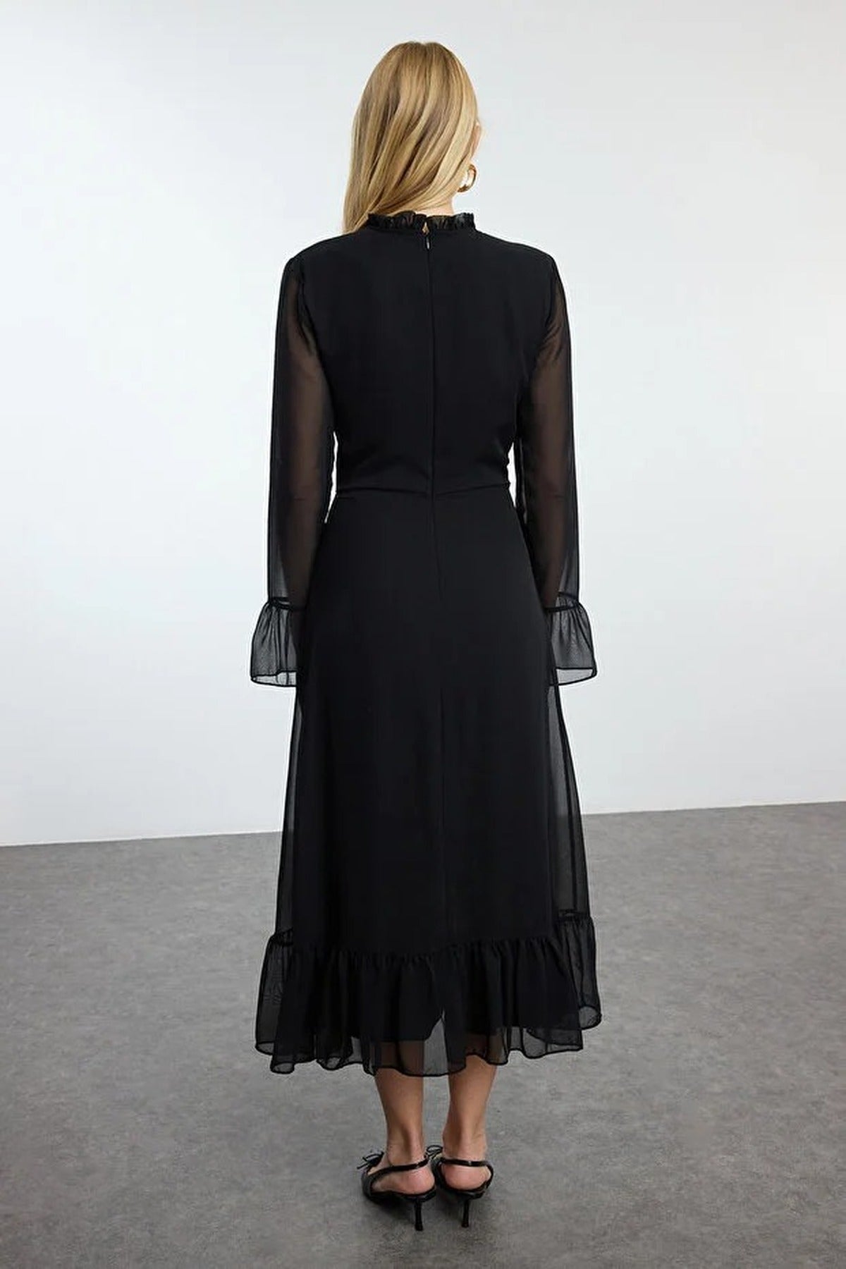 A-Line High Neck Midi Lined Chiffon Woven Dress