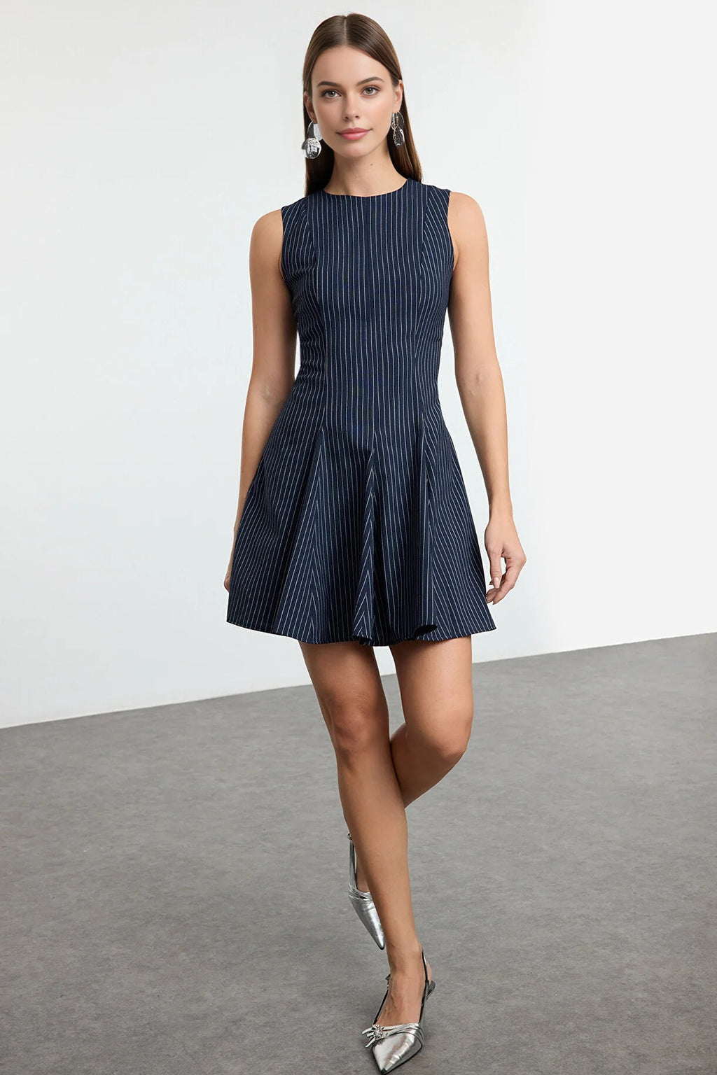 Striped Crew Neck Mini Woven Dress