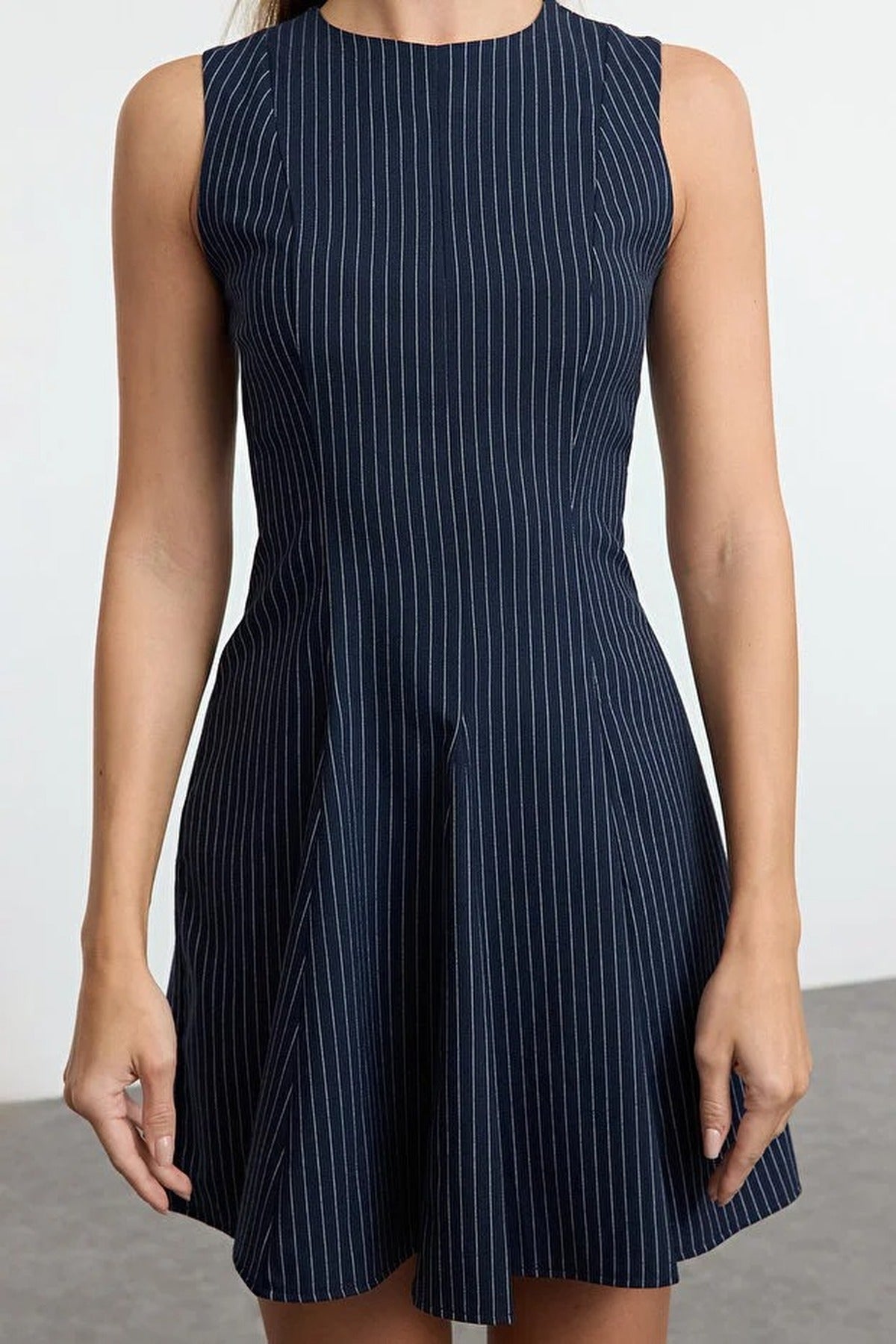 Striped Crew Neck Mini Woven Dress