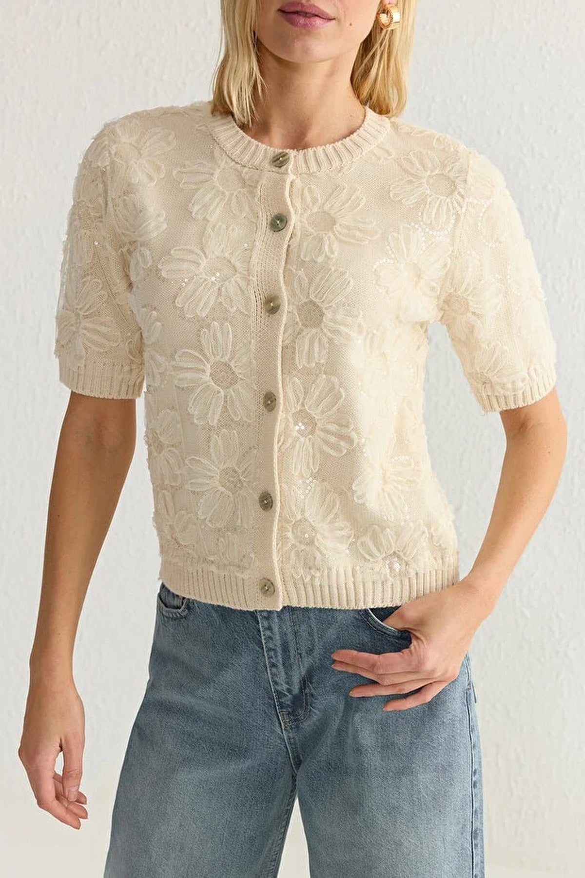 Tulle Floral Pattern Knitted Cardigan