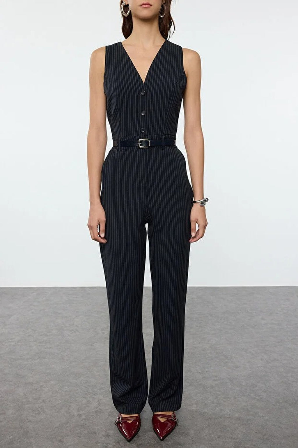 Sleeveless V-Neck Belted Wide Leg Jumpsuit