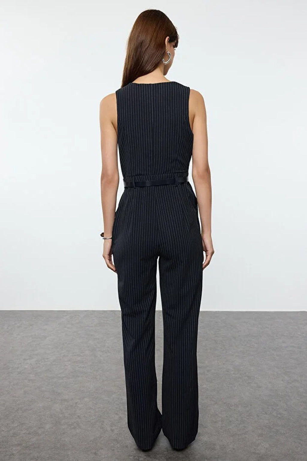 Sleeveless V-Neck Belted Wide Leg Jumpsuit