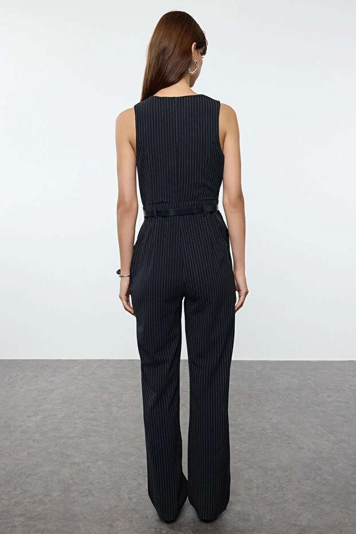 Sleeveless V-Neck Belted Wide Leg Jumpsuit