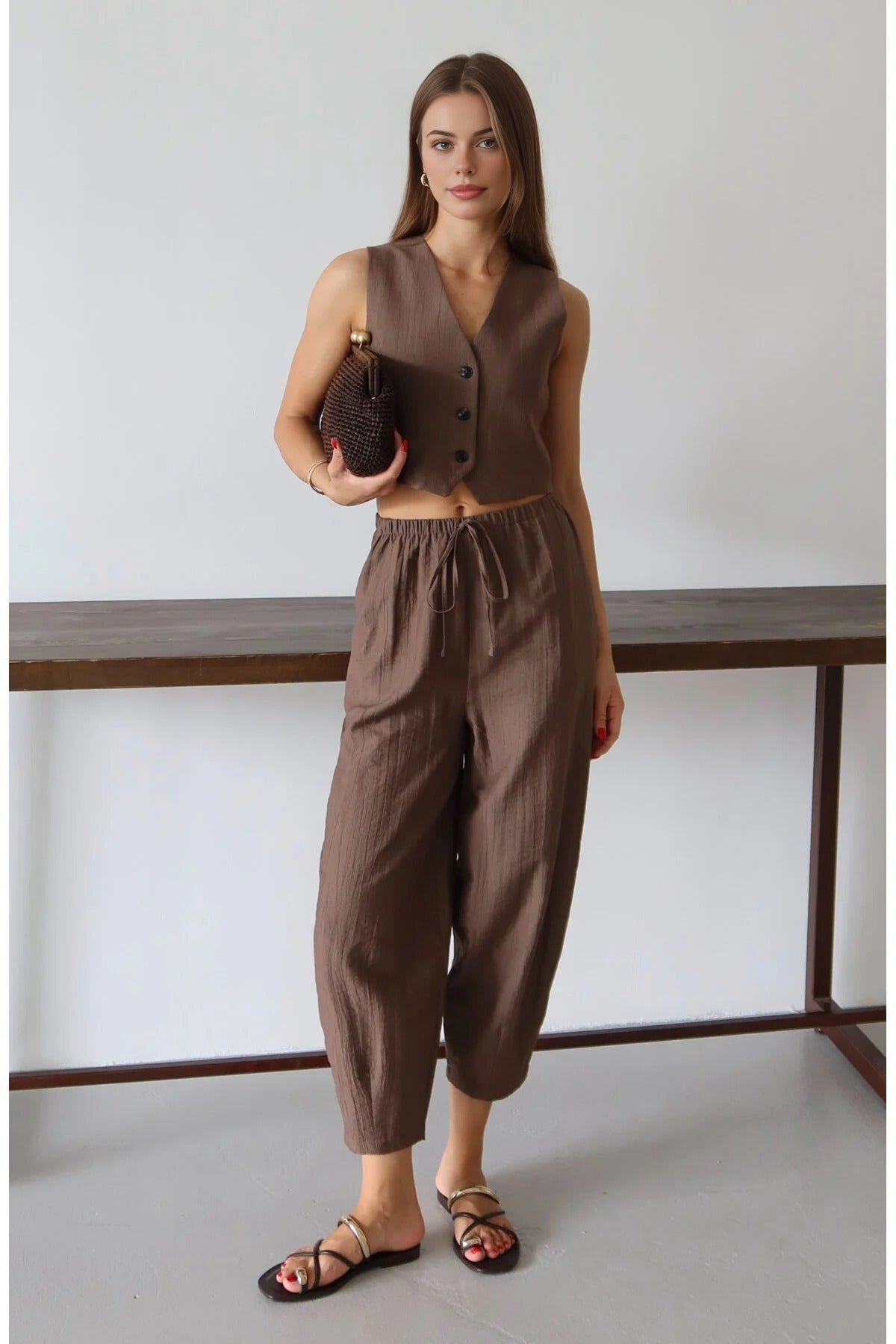 V Neck Sleeveless Vest and Wide Leg Trousers Co-ord Set