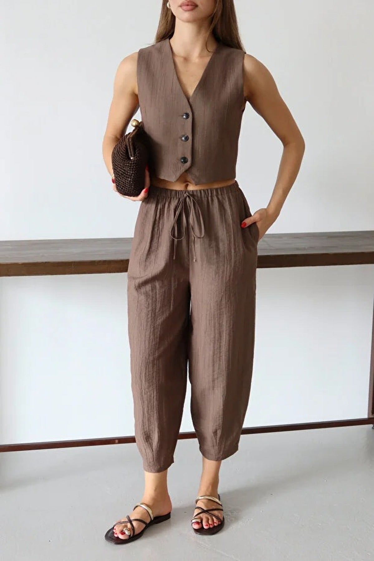 V Neck Sleeveless Vest and Wide Leg Trousers Co-ord Set