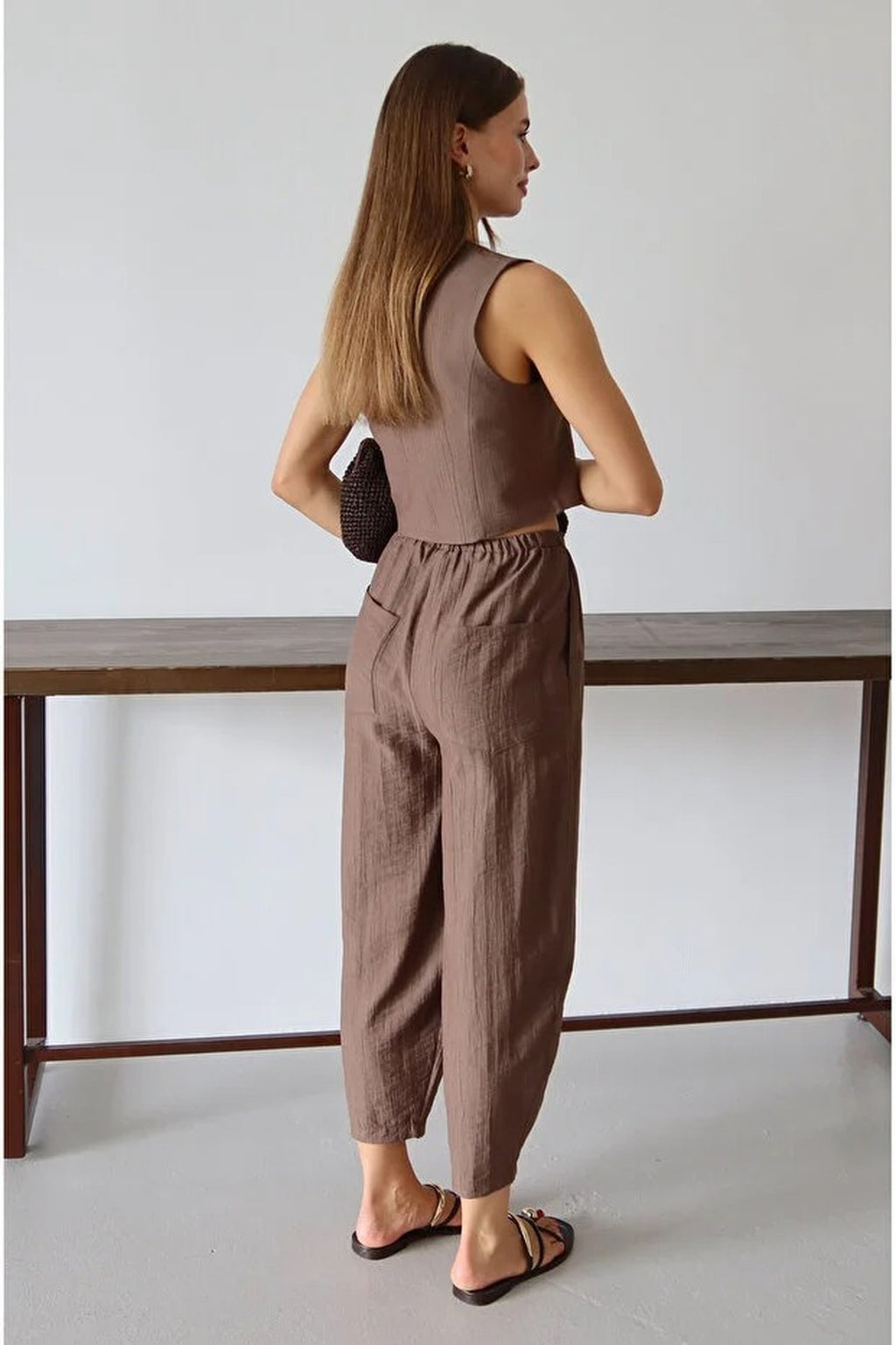 V Neck Sleeveless Vest and Wide Leg Trousers Co-ord Set