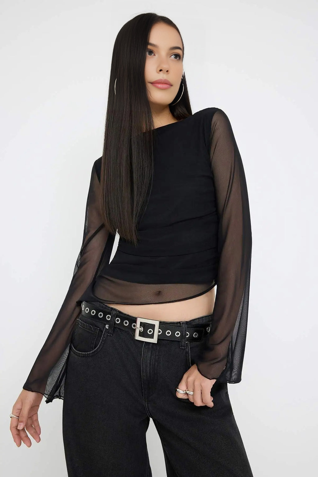 Shawl Print Boat Neck Asymmetric Detail Fitted Long Sleeve Mesh Blouse