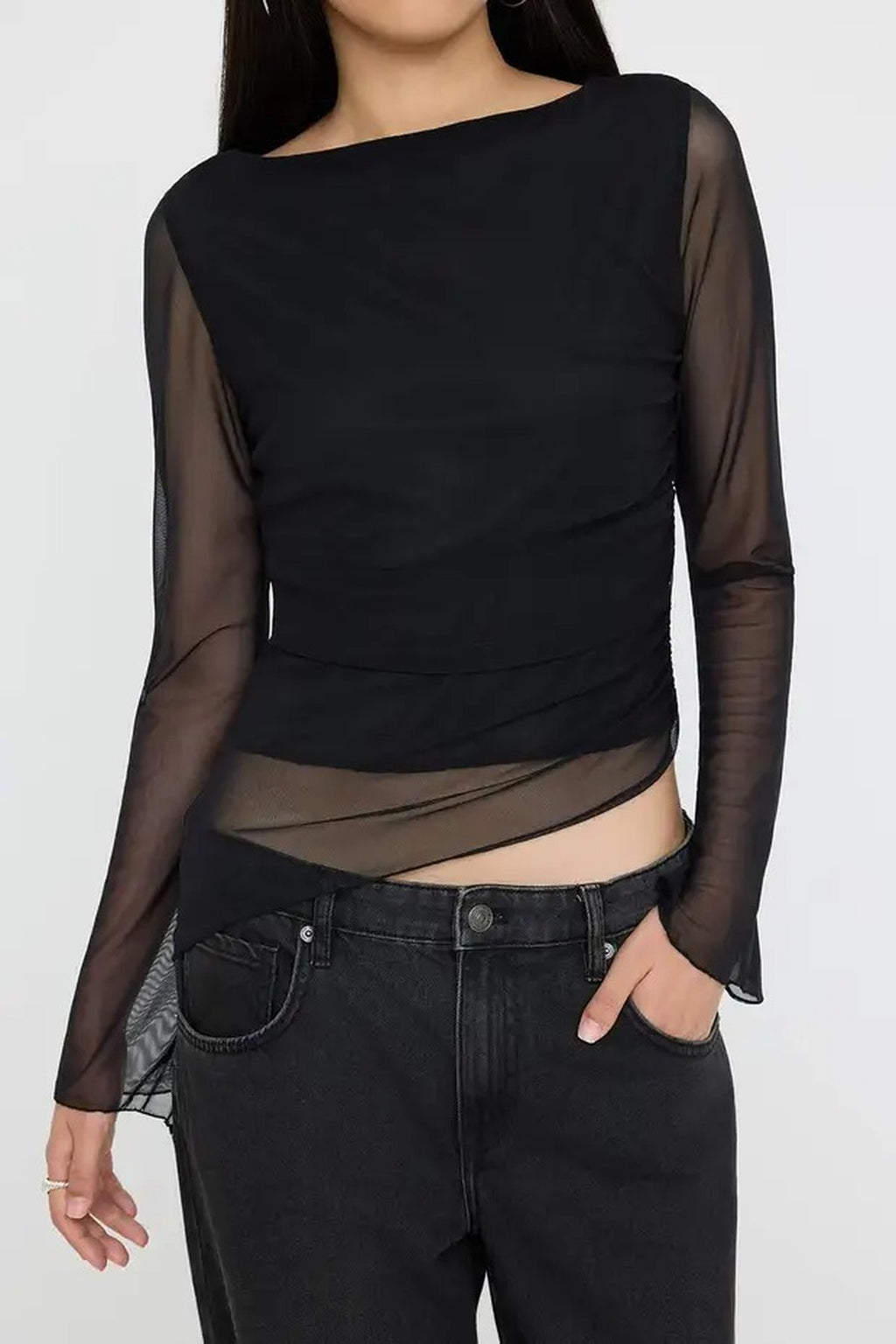 Shawl Print Boat Neck Asymmetric Detail Fitted Long Sleeve Mesh Blouse