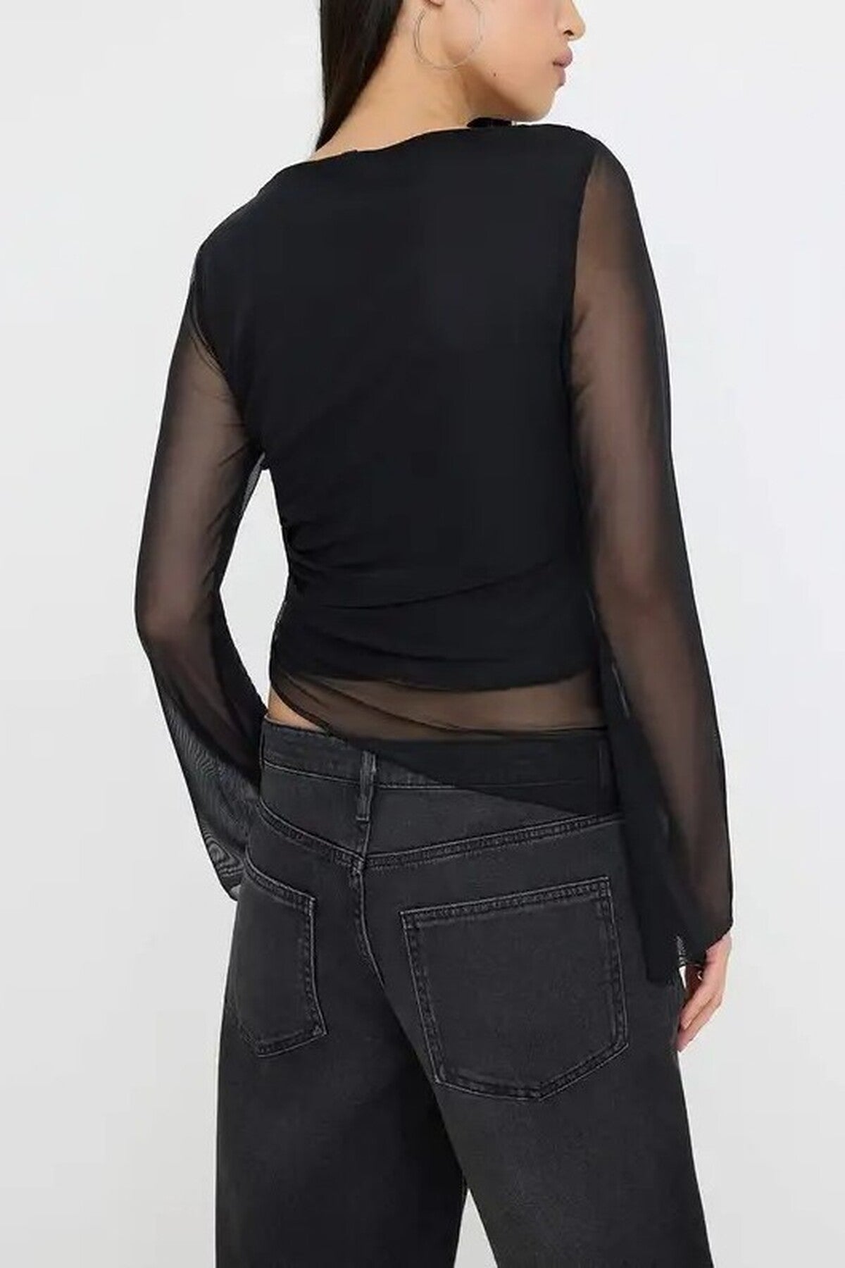 Shawl Print Boat Neck Asymmetric Detail Fitted Long Sleeve Mesh Blouse