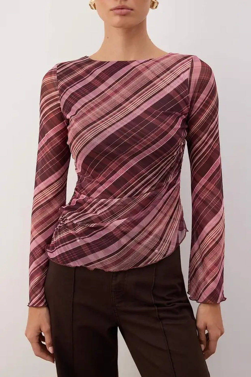 Shawl Print Boat Neck Asymmetric Detail Fitted Long Sleeve Mesh Blouse